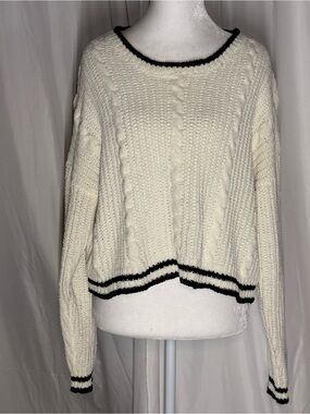Sweet Envy NY Cream Cable-Knit Crewneck Sweater with Black Trim Size L